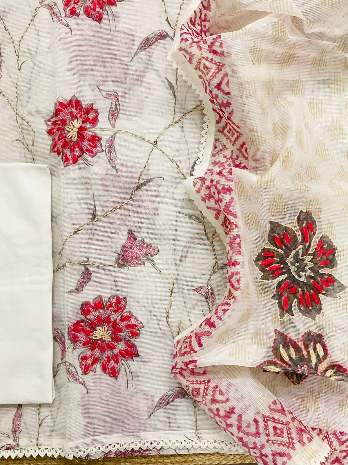 Soft Supernet Printed Embroidered Suit - Off White