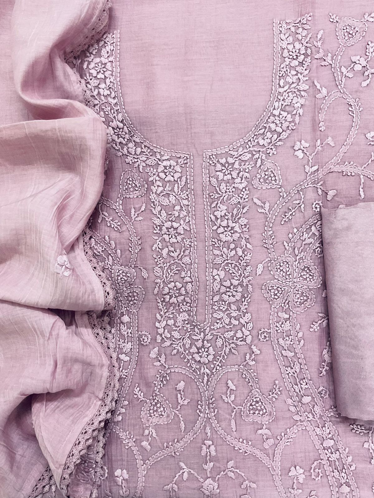 Pure Mul Chanderi Embroidered Suit - Lavender