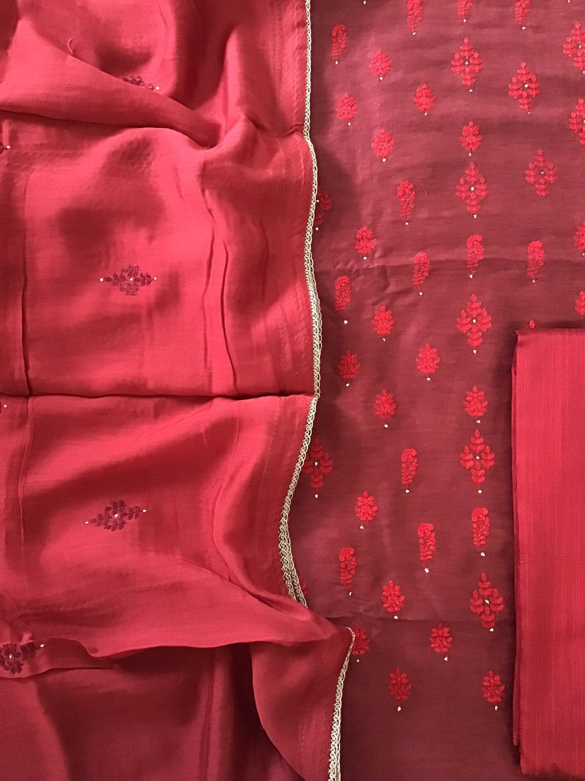 Pure Linen Chanderi Embroidered Suit - Maroon
