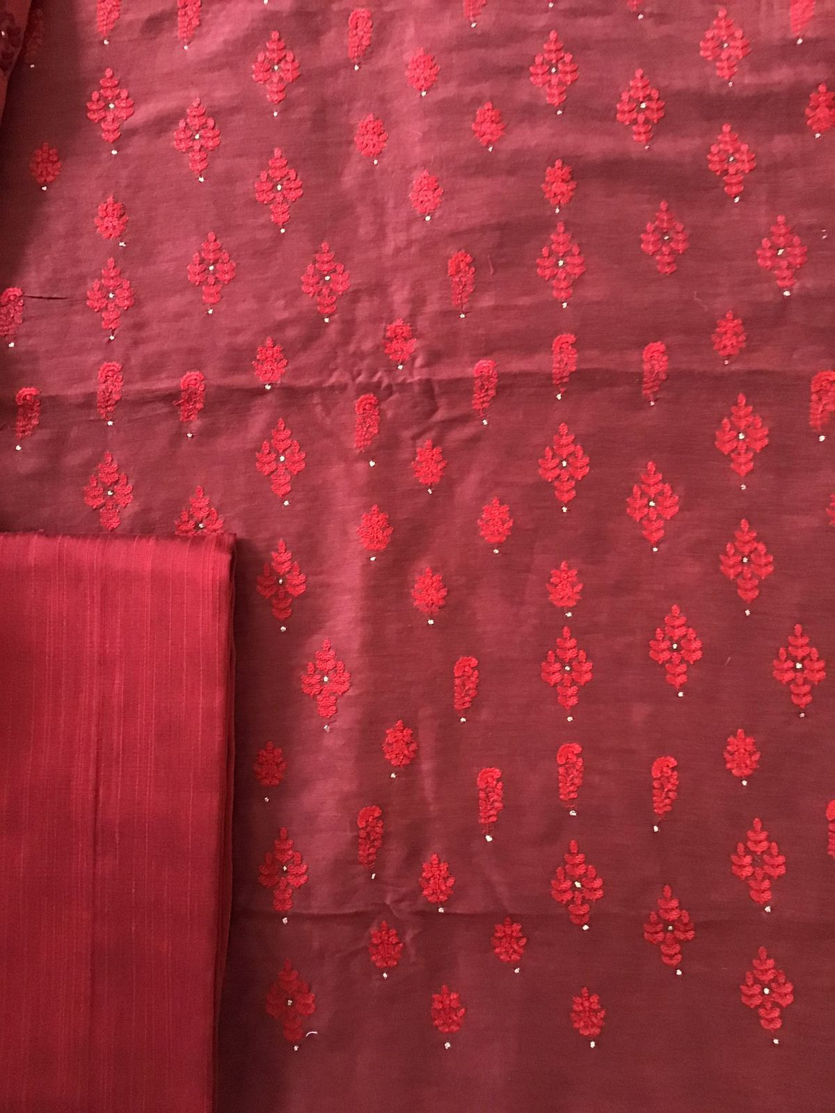 Pure Linen Chanderi Embroidered Suit - Maroon
