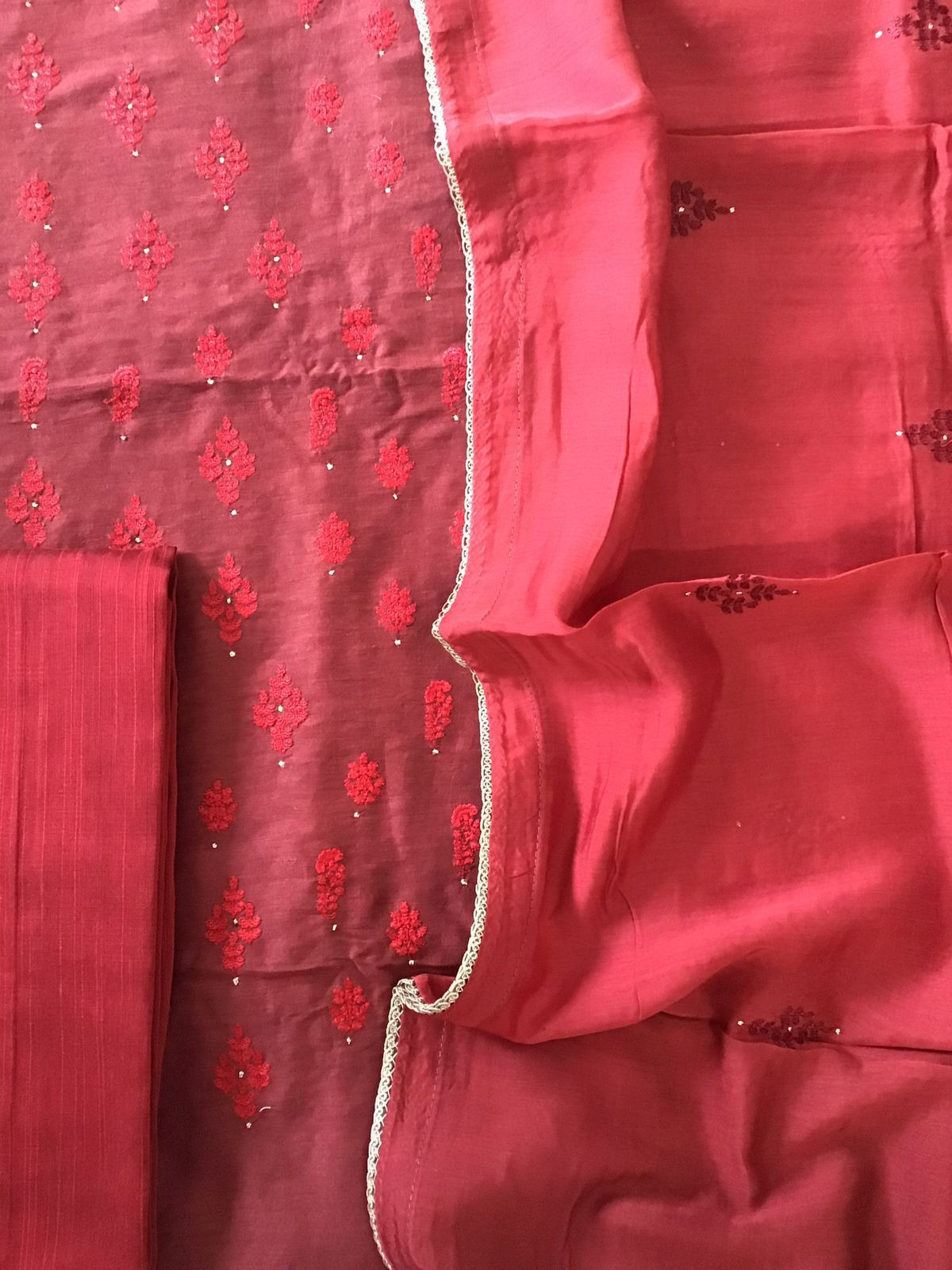 Pure Linen Chanderi Embroidered Suit - Maroon
