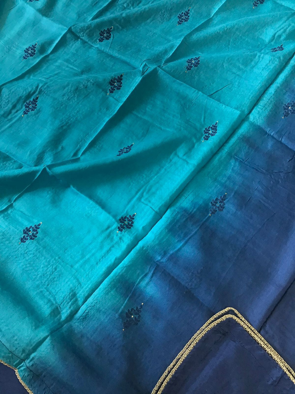 Pure Linen Chanderi Embroidered Suit - Blue