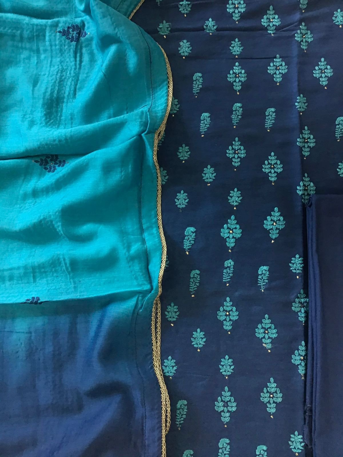 Pure Linen Chanderi Embroidered Suit - Blue