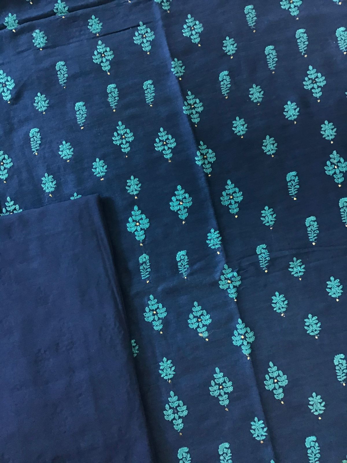 Pure Linen Chanderi Embroidered Suit - Blue