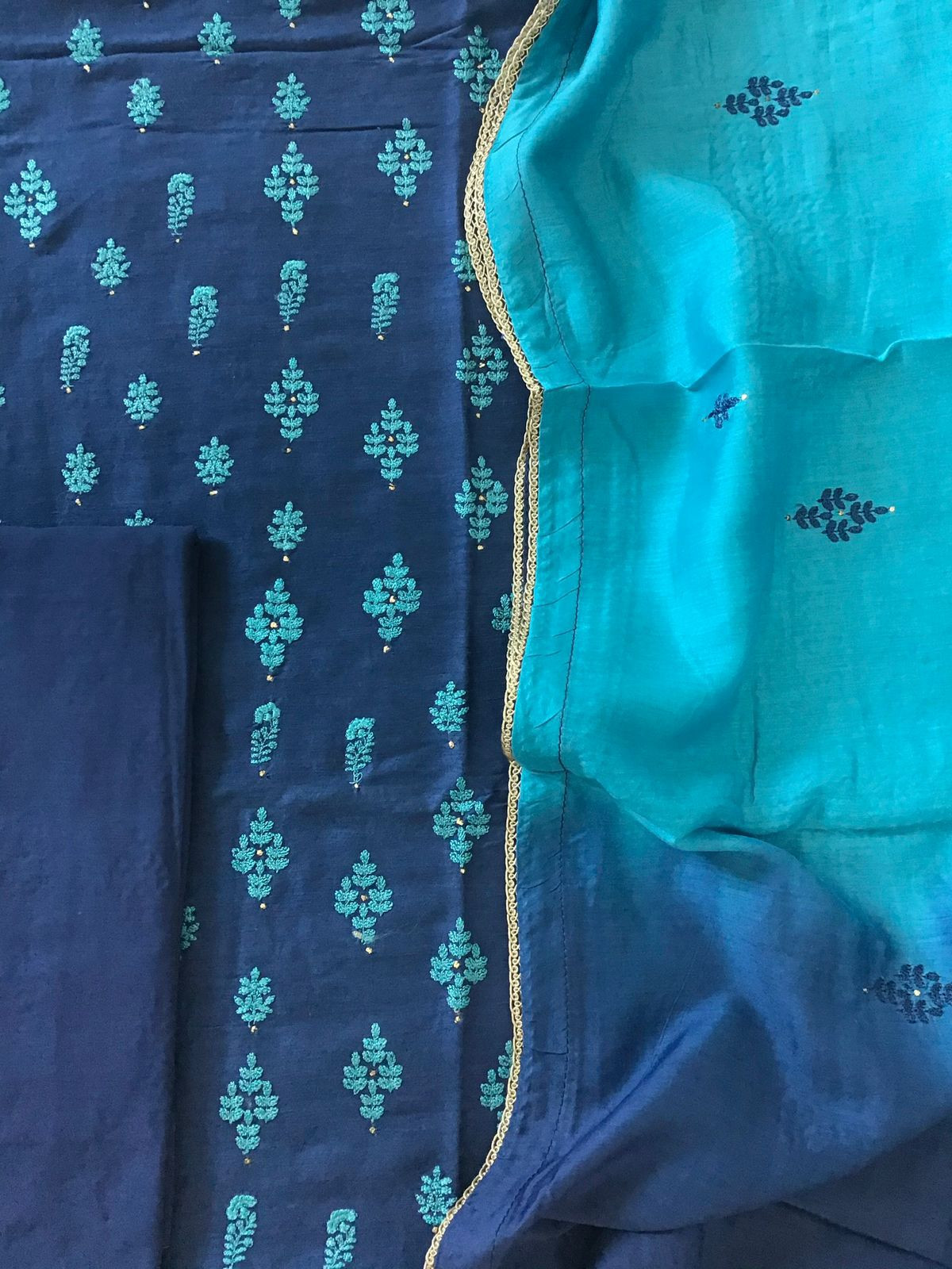 Pure Linen Chanderi Embroidered Suit - Blue