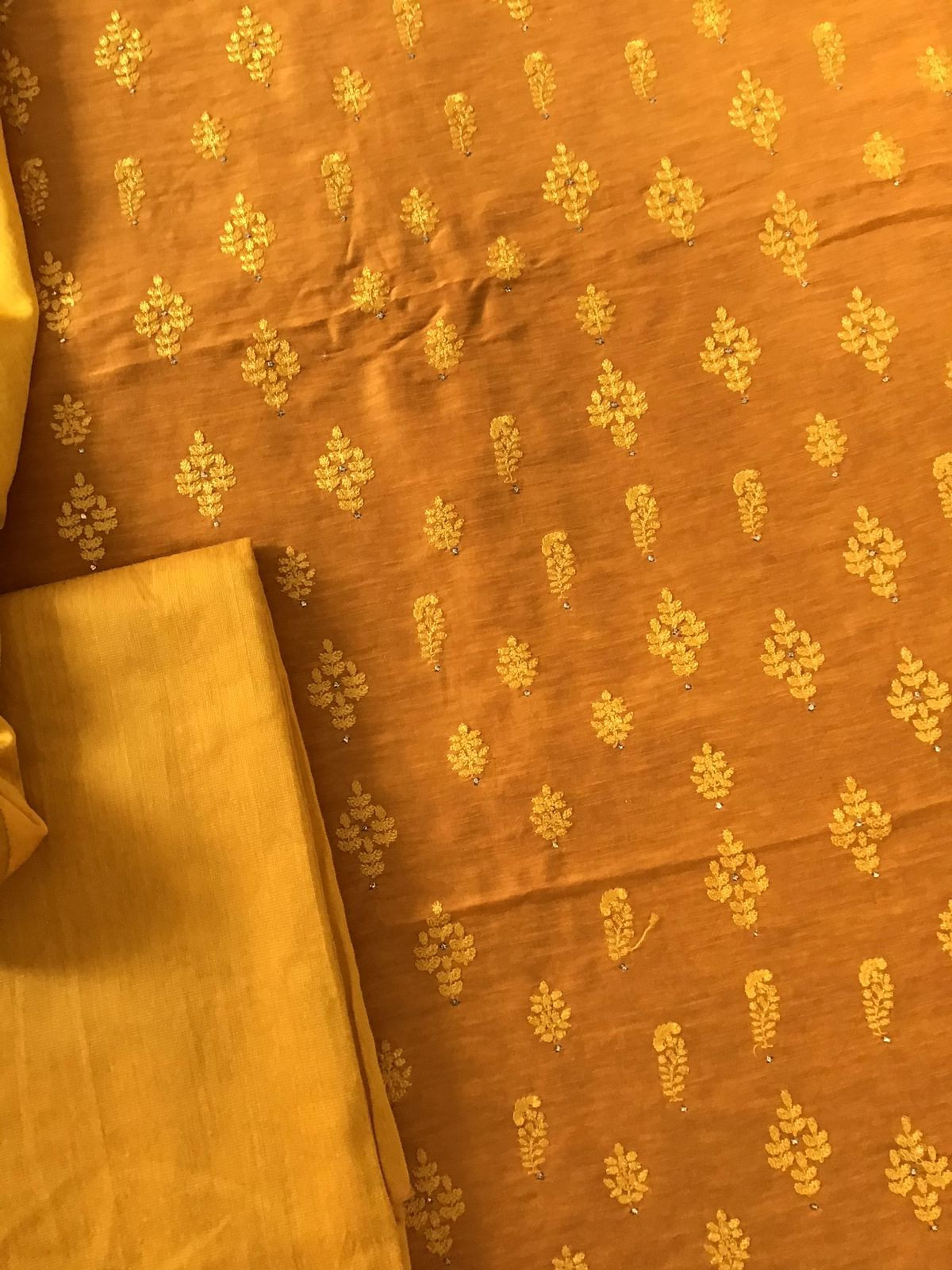 Pure Linen Chanderi Embroidered Suit - Yellow