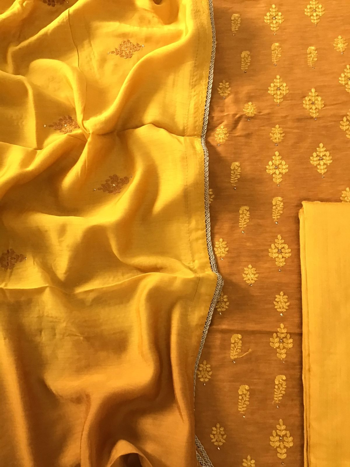 Pure Linen Chanderi Embroidered Suit - Yellow