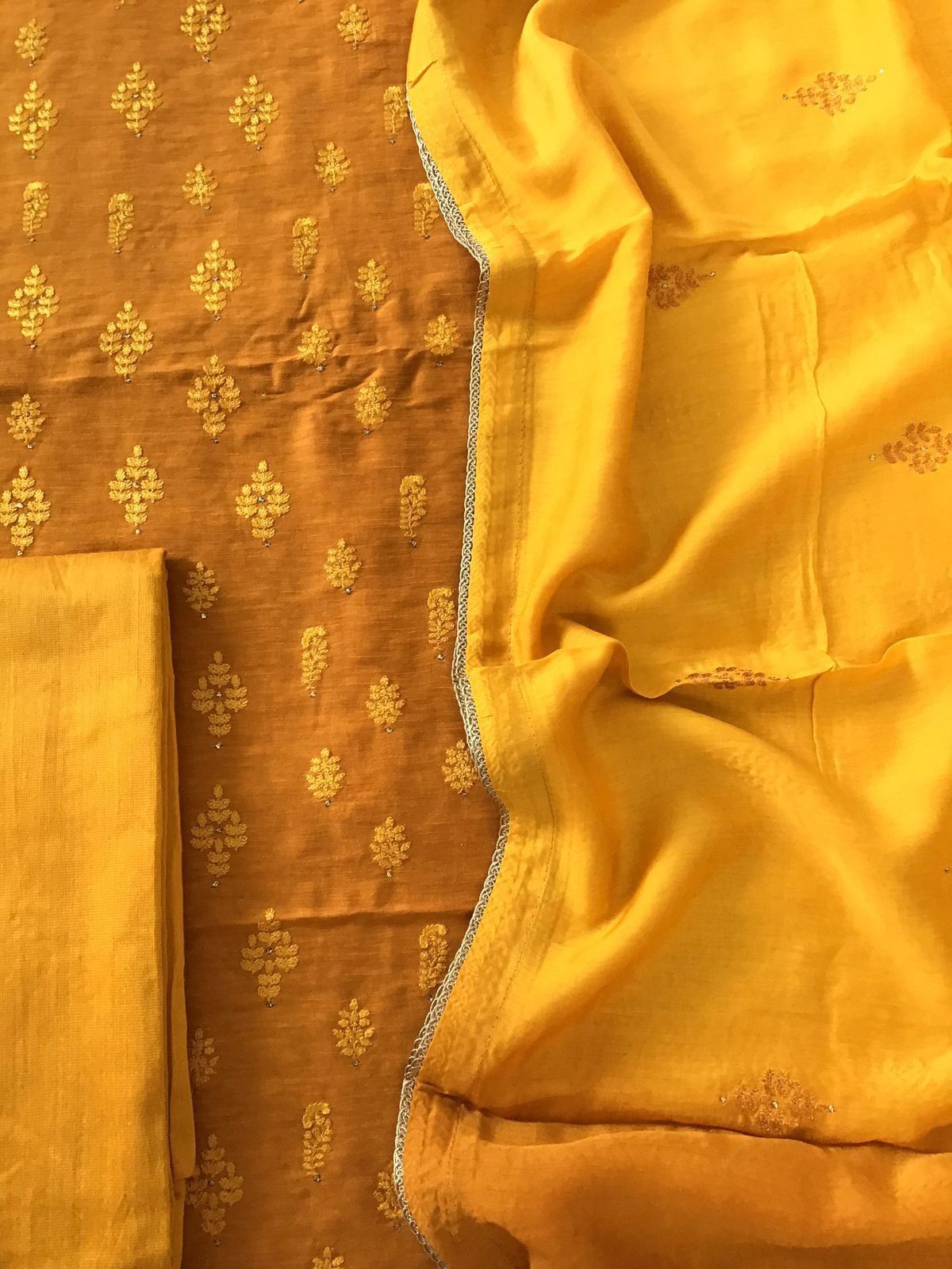 Pure Linen Chanderi Embroidered Suit - Yellow