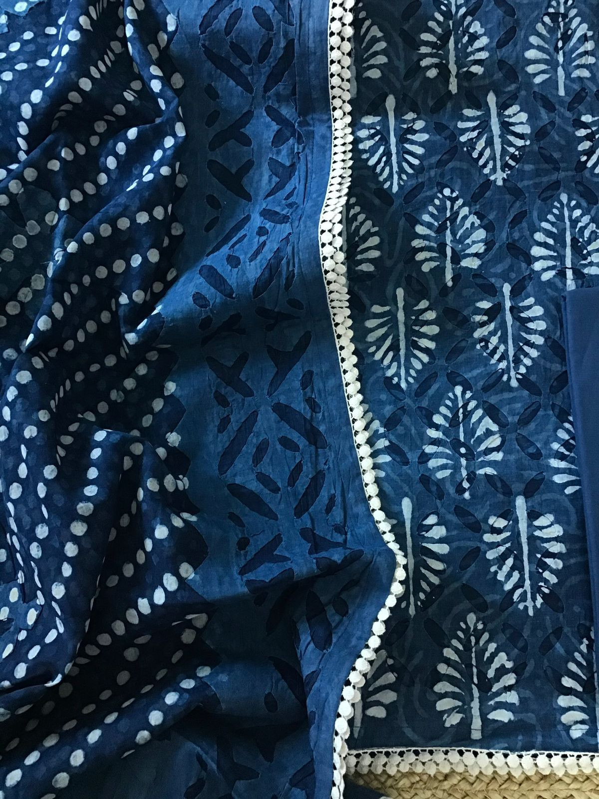 Pure Cotton Batik Printed Applique Work Suit - Blue