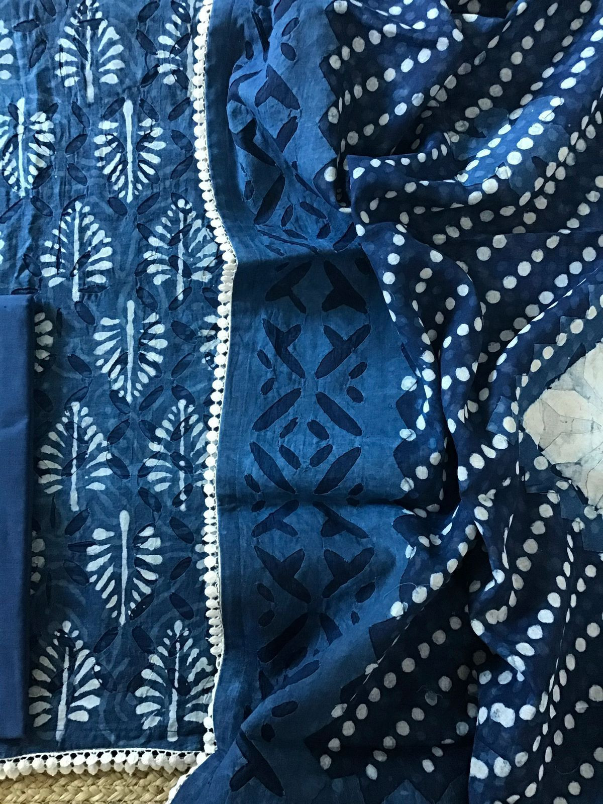 Pure Cotton Batik Printed Applique Work Suit - Blue