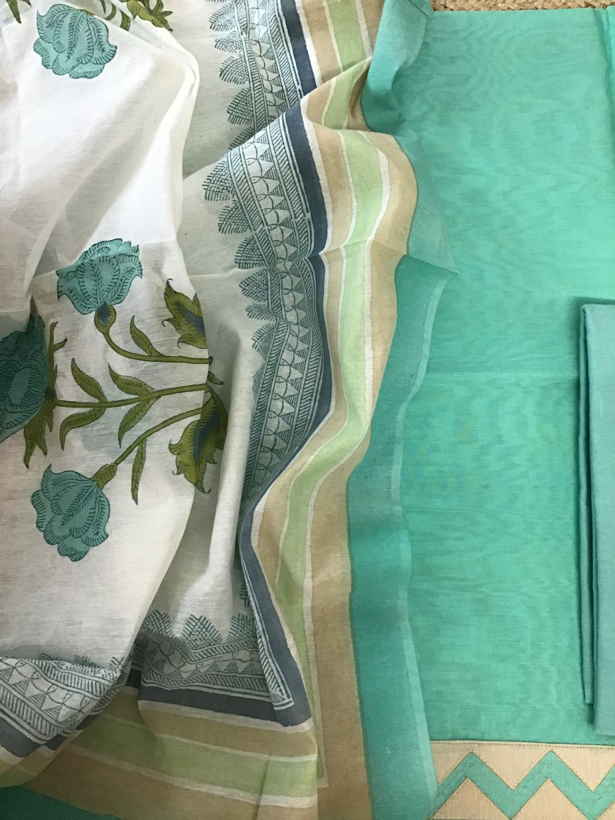 Soft Chanderi Printed Embroidered Suit - Sea Green