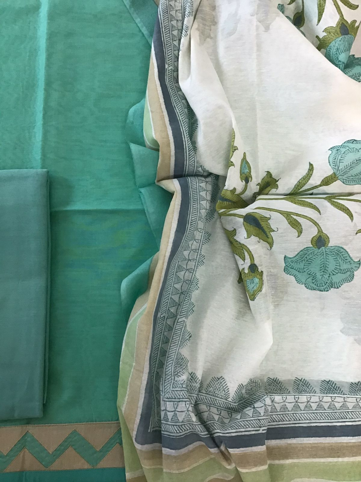 Soft Chanderi Printed Embroidered Suit - Sea Green