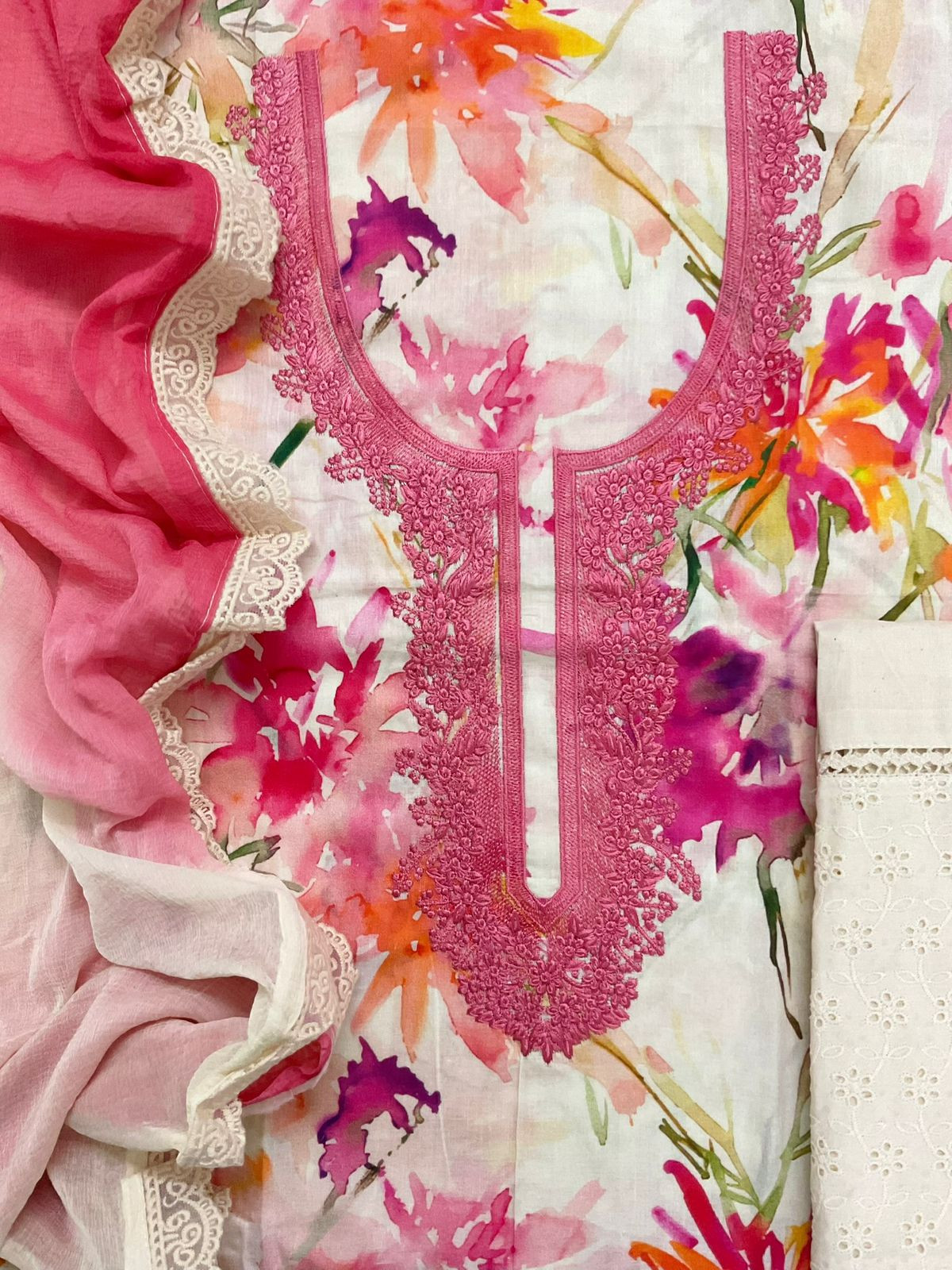 Pure Jaam Cotton Printed Embroidered Suit - Off White