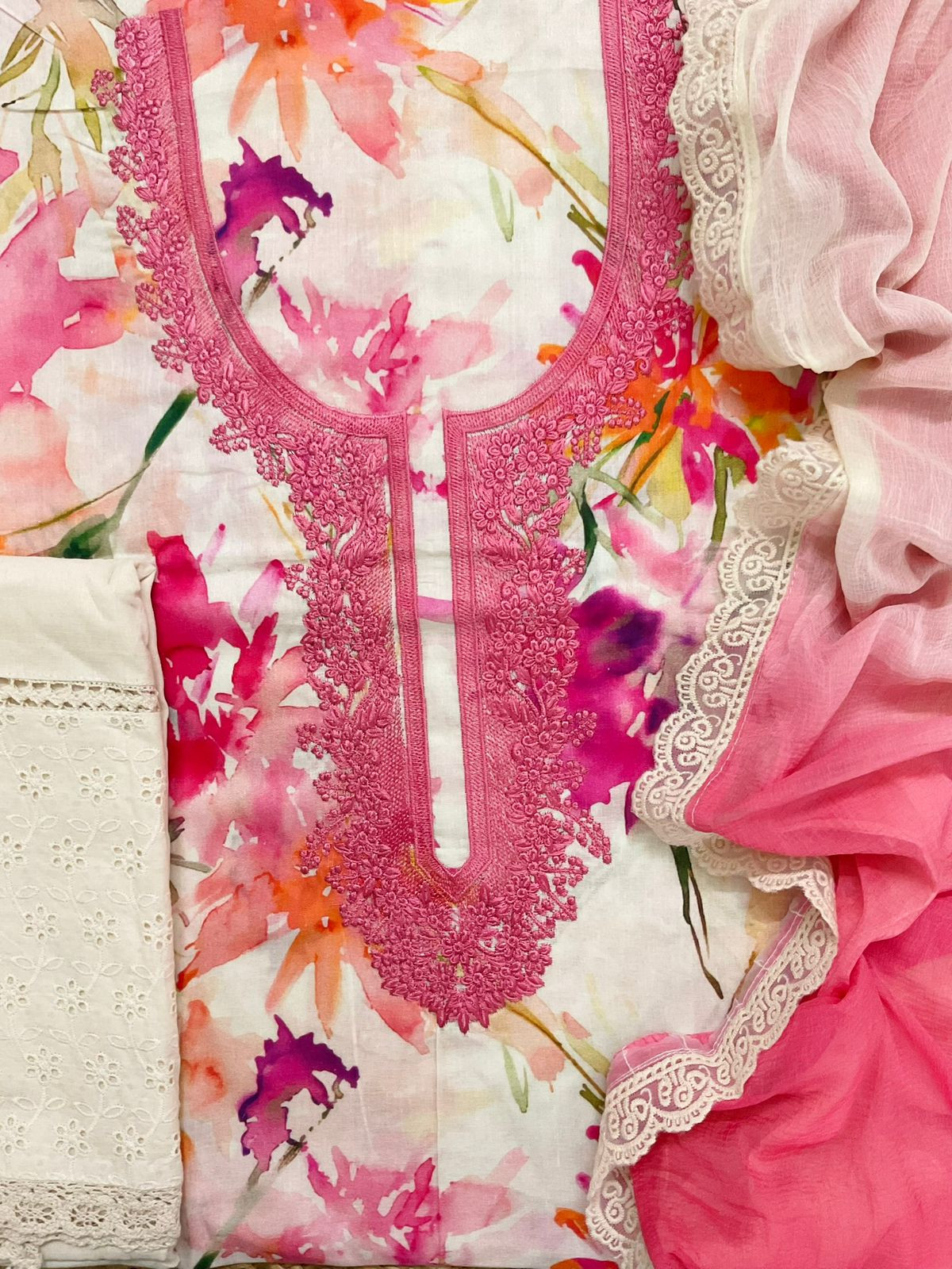 Pure Jaam Cotton Printed Embroidered Suit - Off White