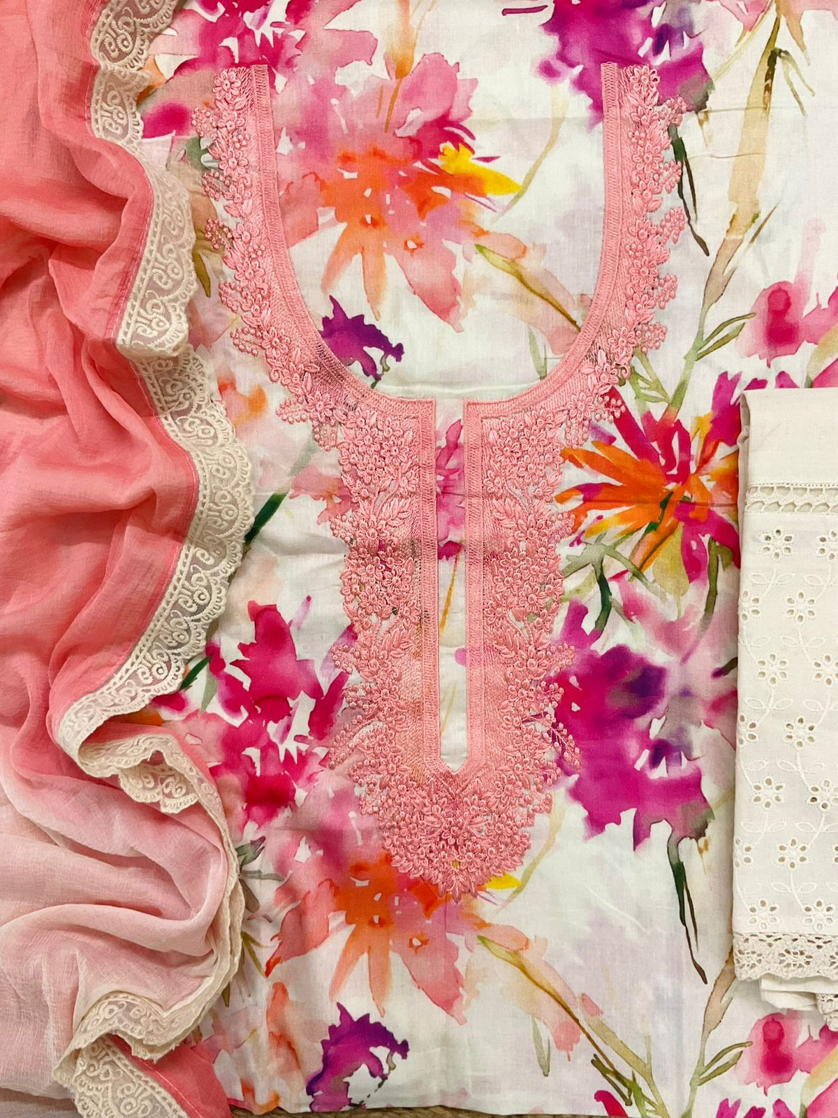 Pure Jaam Cotton Printed Embroidered Suit - Off White