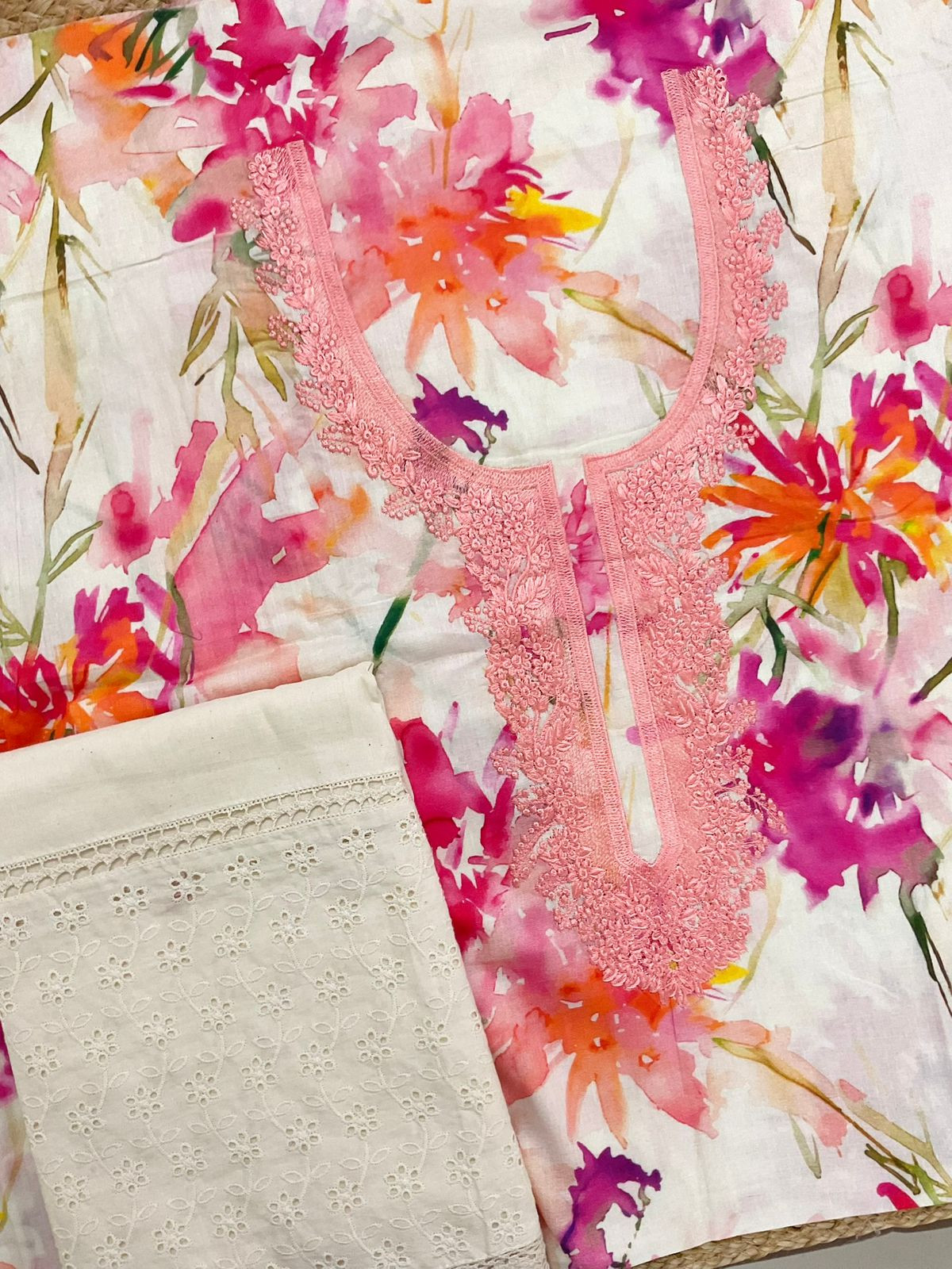 Pure Jaam Cotton Printed Embroidered Suit - Off White