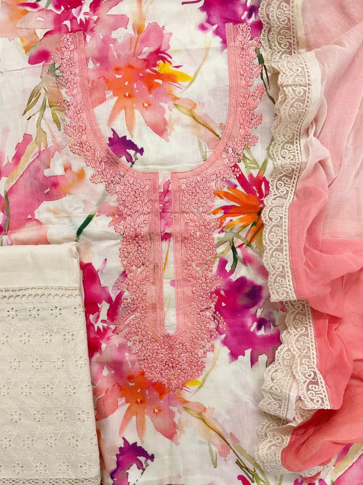 Pure Jaam Cotton Printed Embroidered Suit - Off White