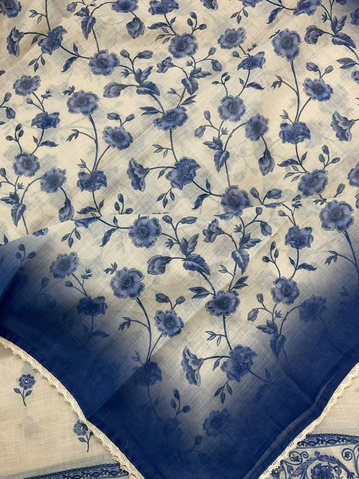 Soft Fine Linen Jute Cotton Printed Embroidered Suit - Off White