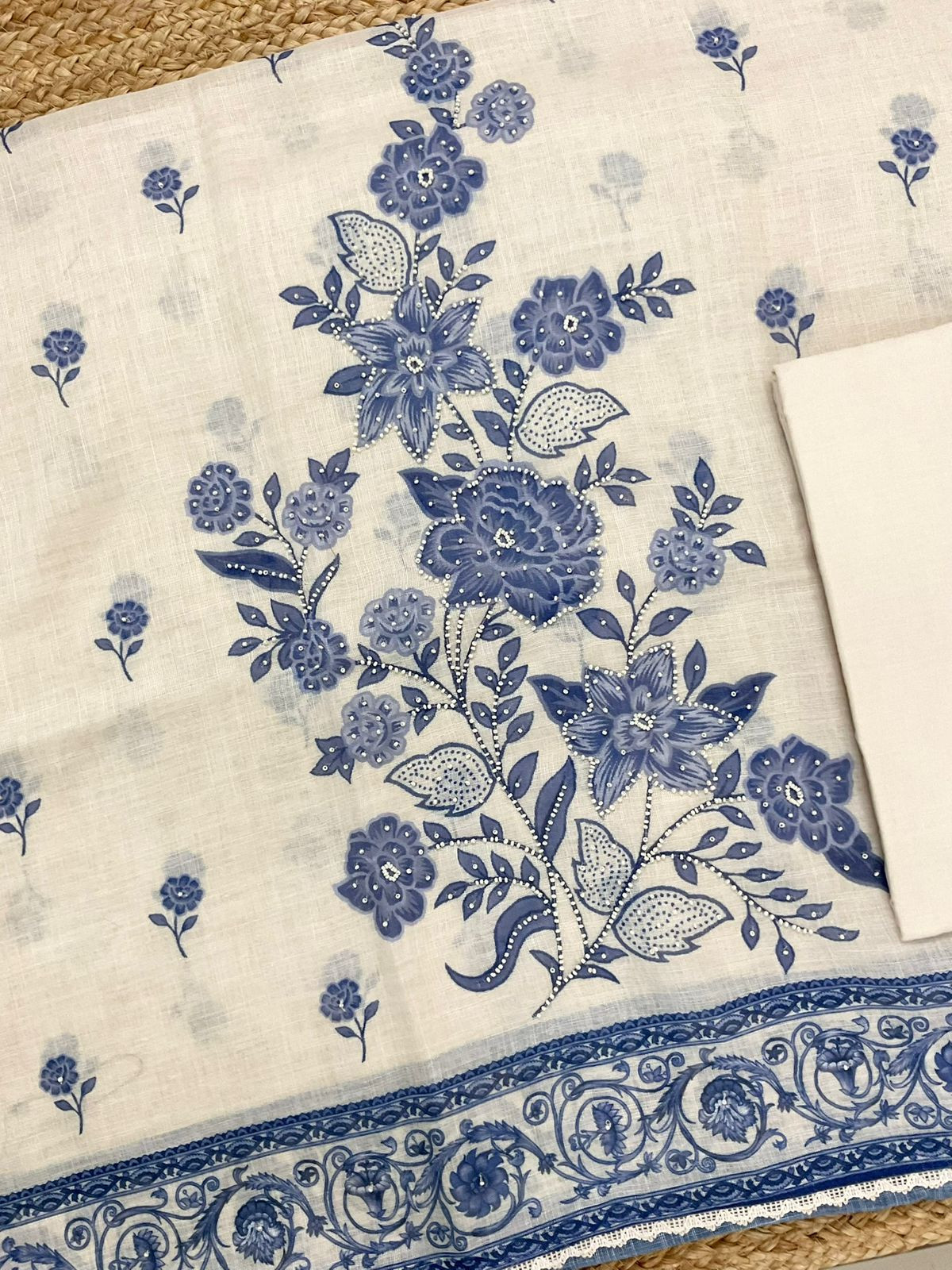 Soft Fine Linen Jute Cotton Printed Embroidered Suit - Off White