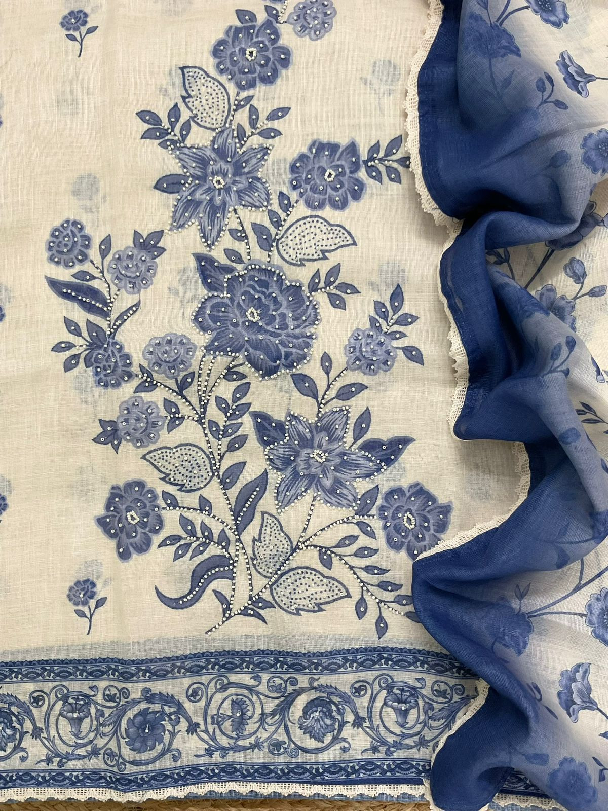 Soft Fine Linen Jute Cotton Printed Embroidered Suit - Off White