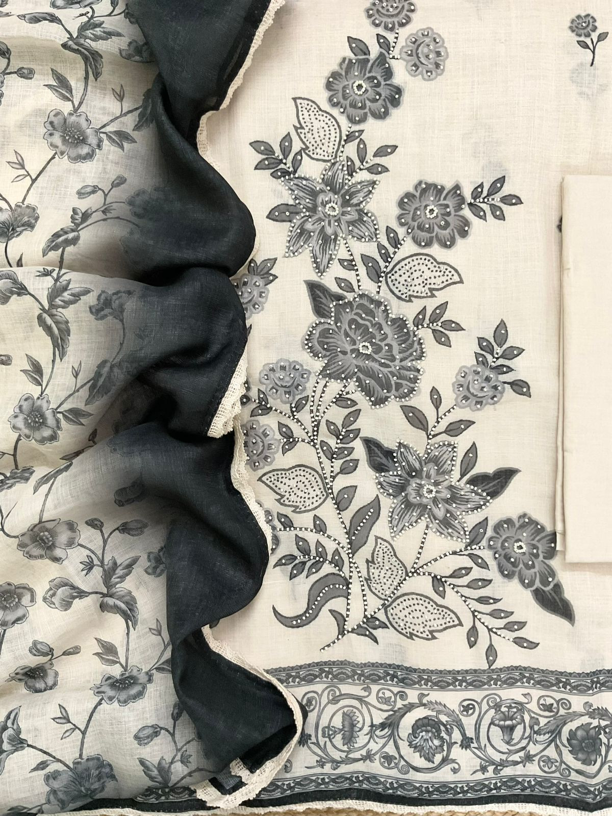 Soft Fine Linen Jute Cotton Printed Embroidered Suit - Off White