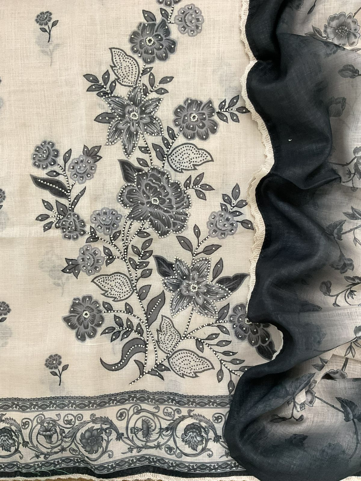 Soft Fine Linen Jute Cotton Printed Embroidered Suit - Off White