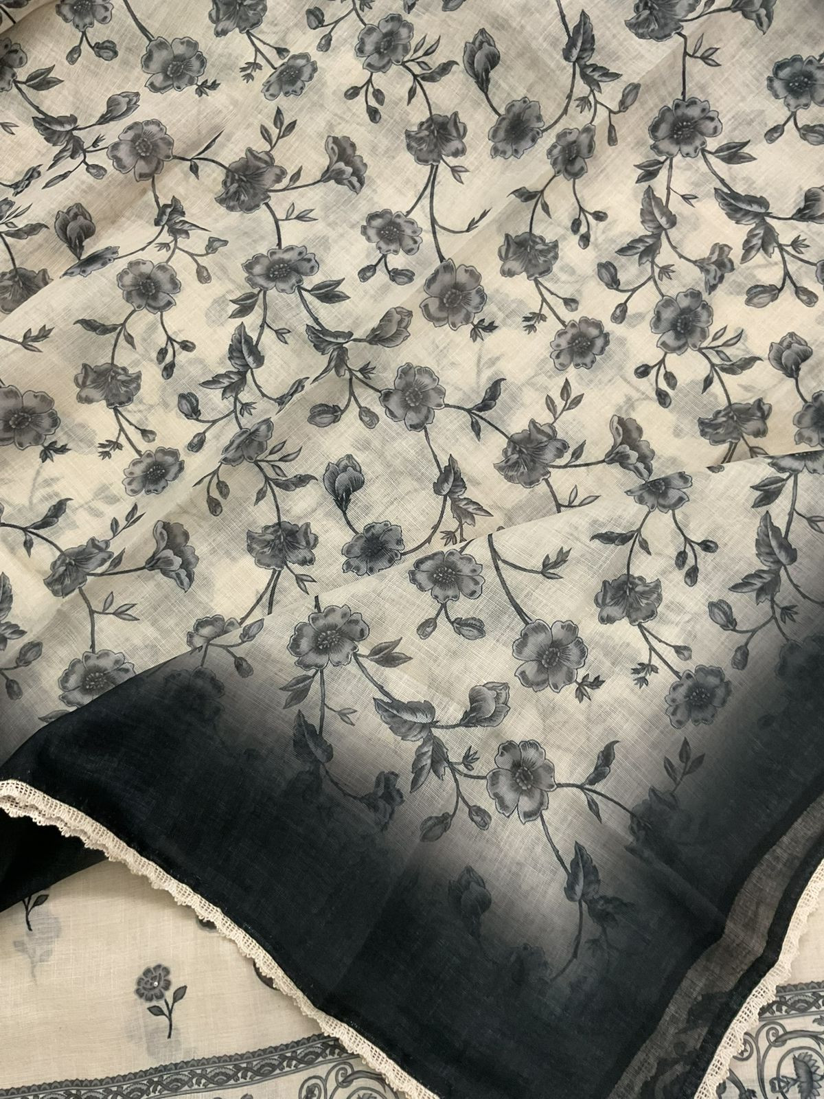 Soft Fine Linen Jute Cotton Printed Embroidered Suit - Off White