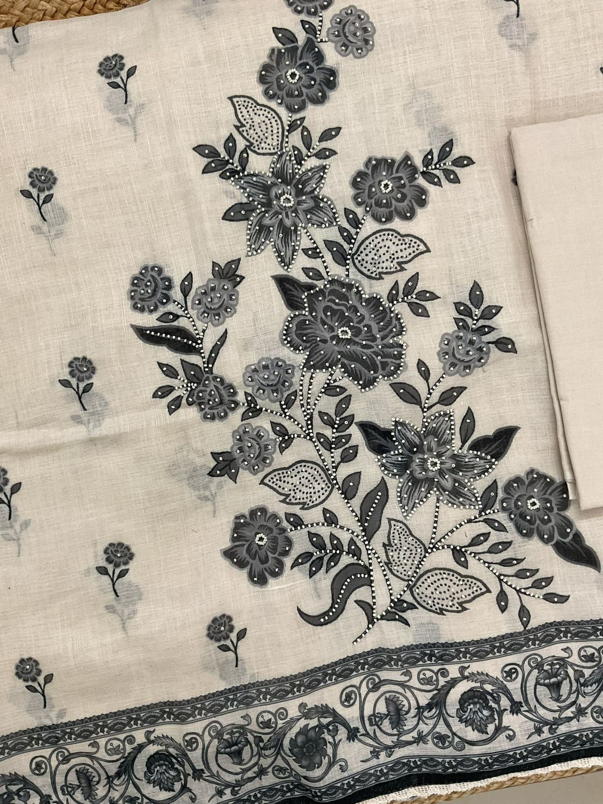 Soft Fine Linen Jute Cotton Printed Embroidered Suit - Off White