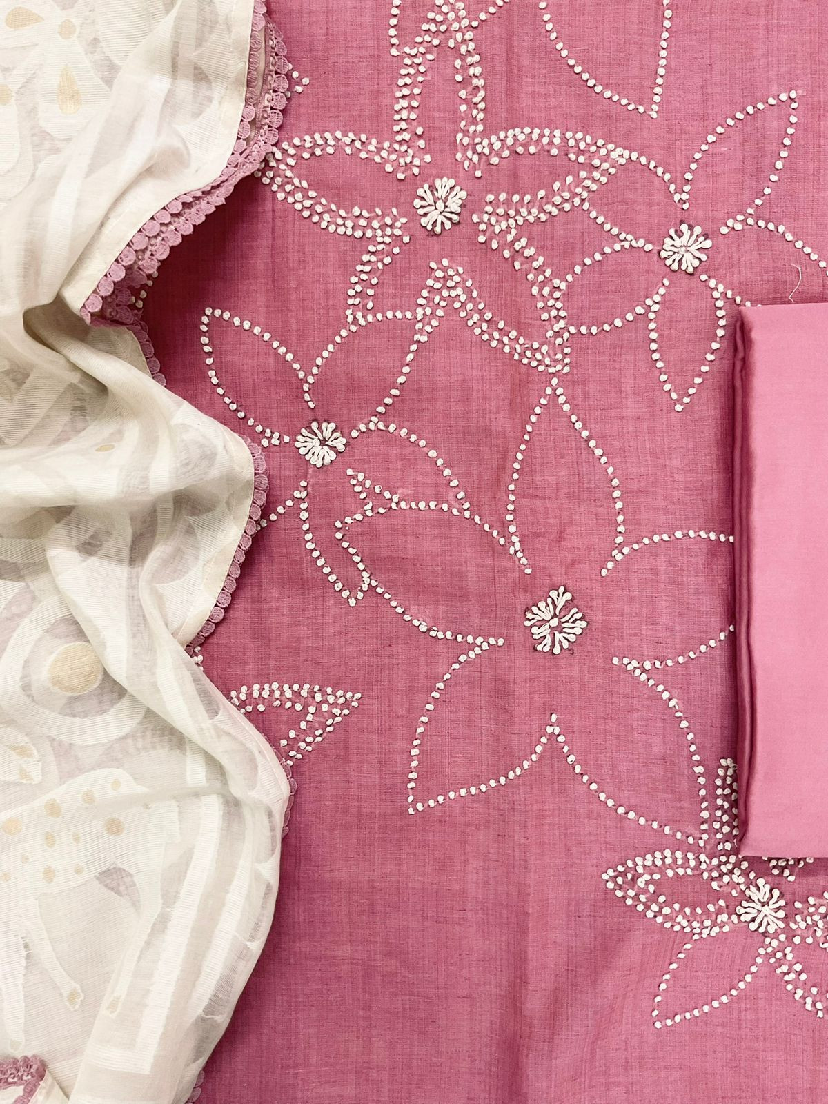Soft Fine Slub Chanderi Jamdani Weaved Embroidered Suit - Pink