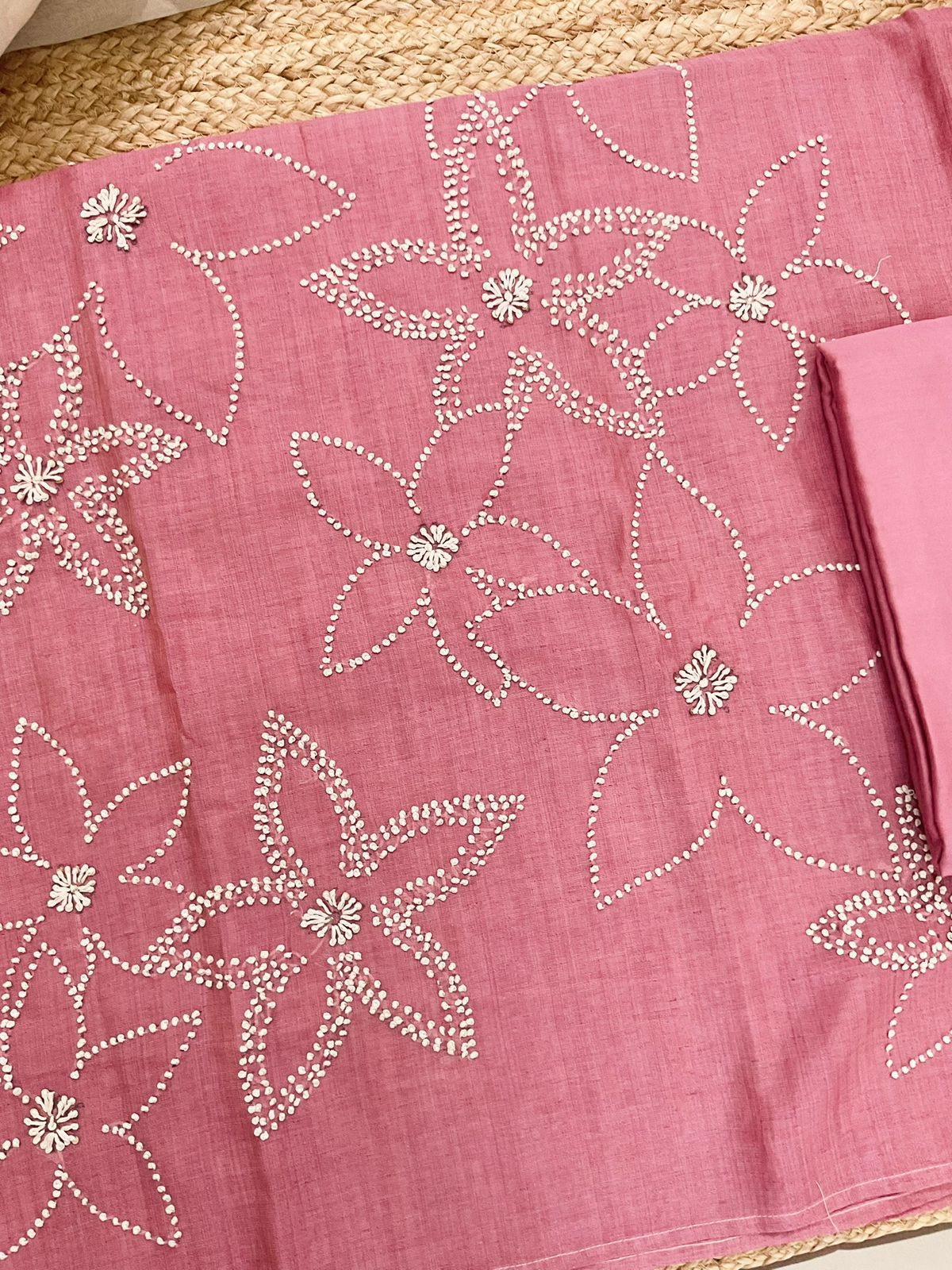 Soft Fine Slub Chanderi Jamdani Weaved Embroidered Suit - Pink