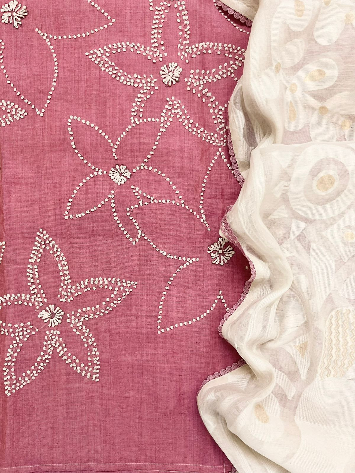 Soft Fine Slub Chanderi Jamdani Weaved Embroidered Suit - Pink