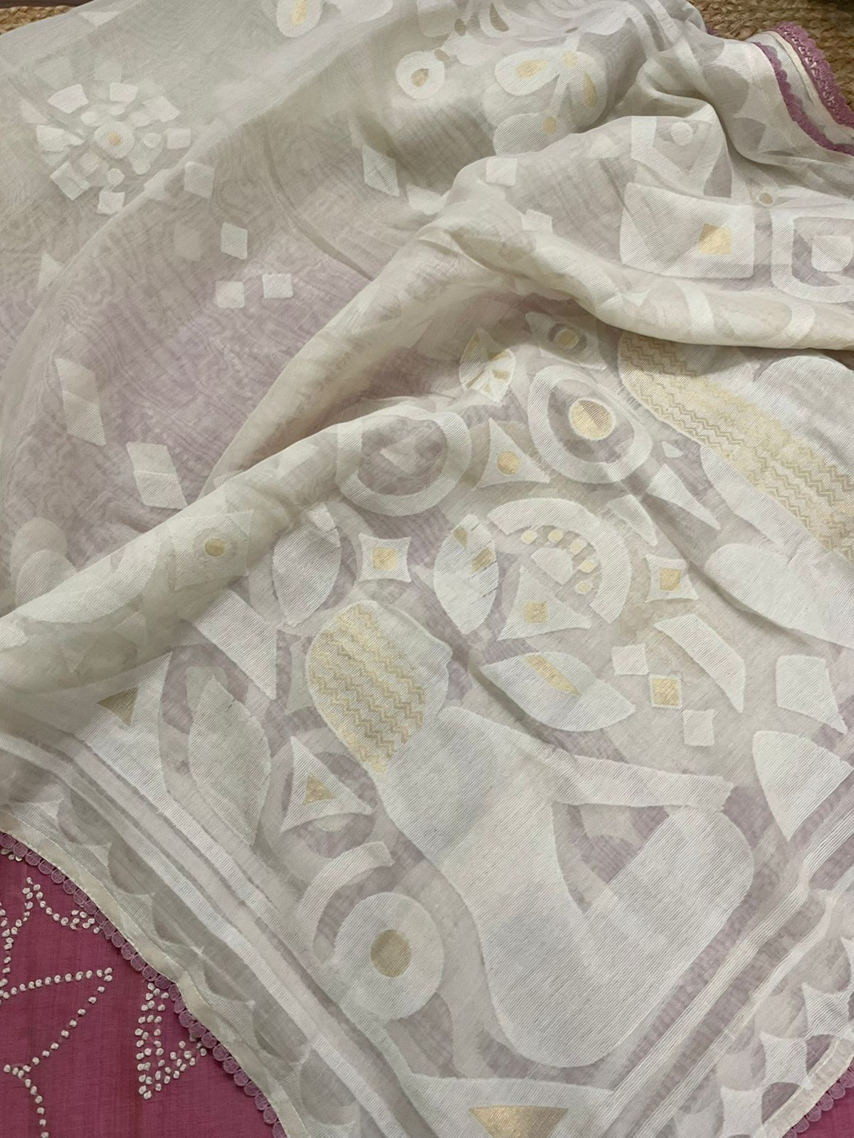 Soft Fine Slub Chanderi Jamdani Weaved Embroidered Suit - Pink