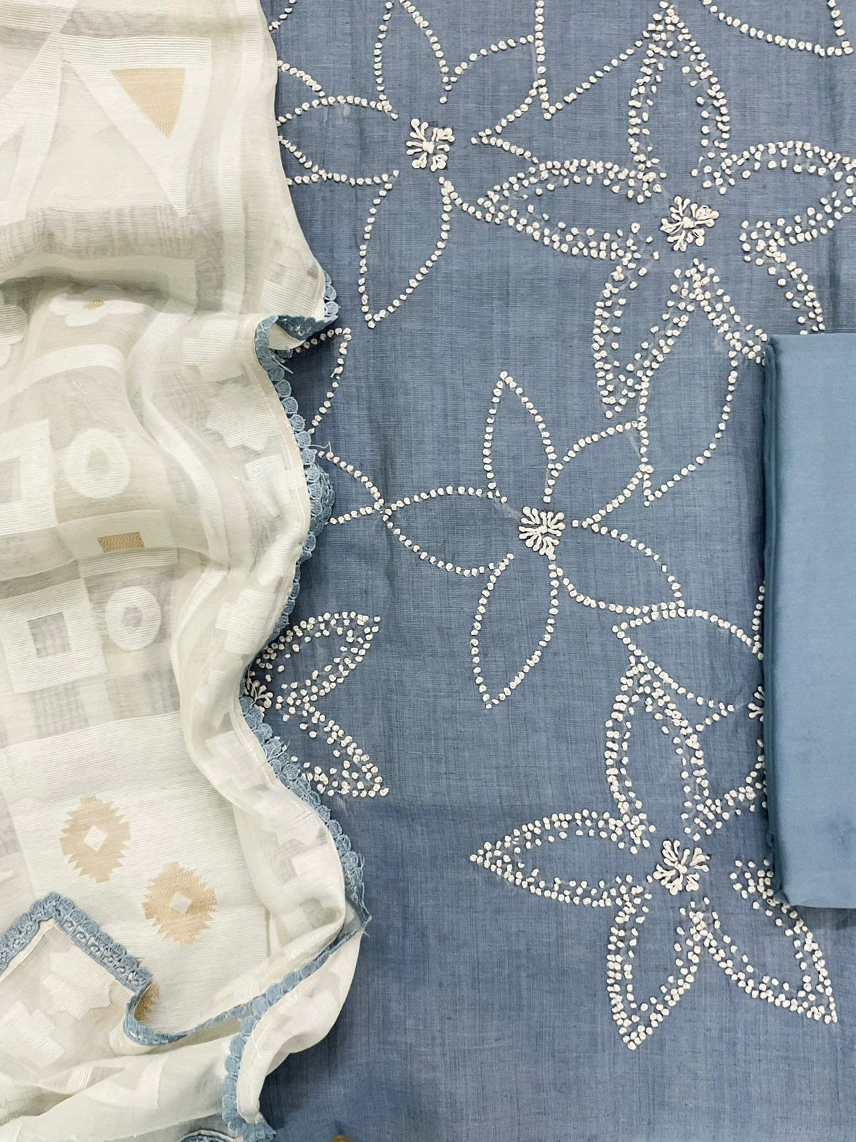 Soft Fine Slub Chanderi Jamdani Weaved Embroidered Suit - Greyish Blue