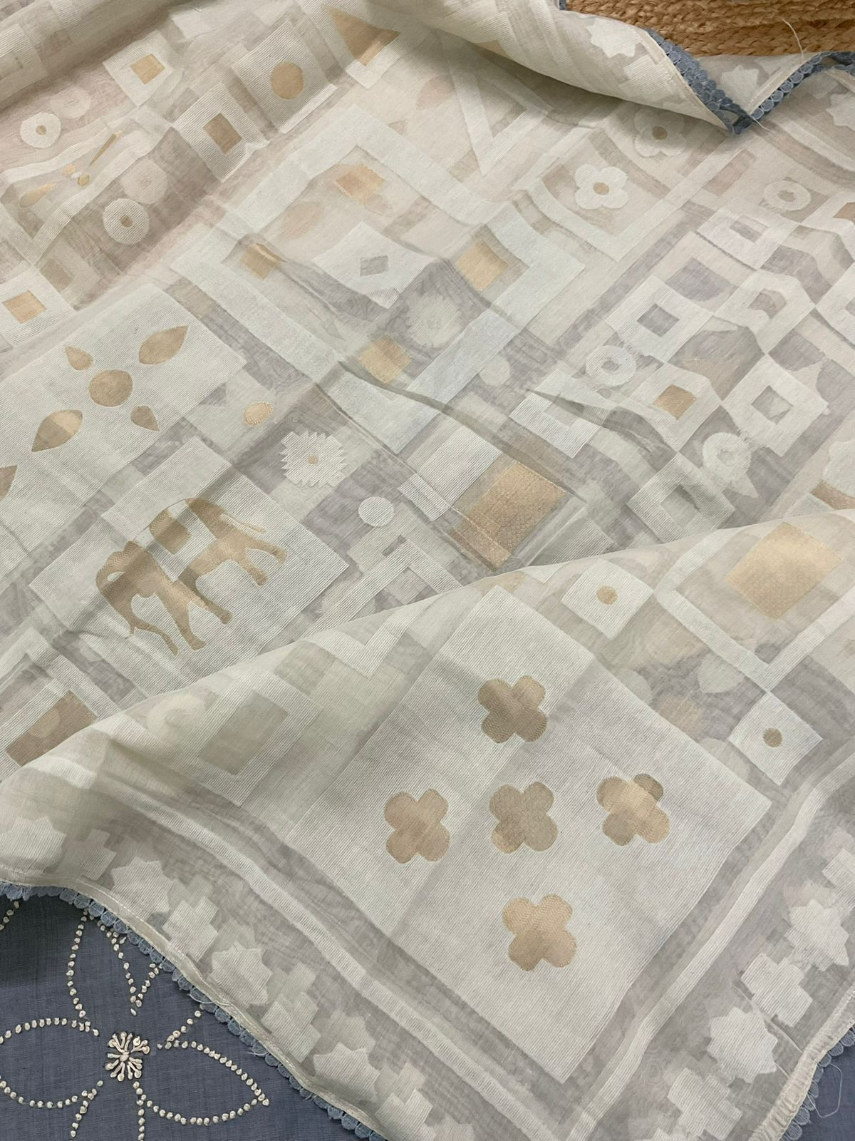 Soft Fine Slub Chanderi Jamdani Weaved Embroidered Suit - Greyish Blue