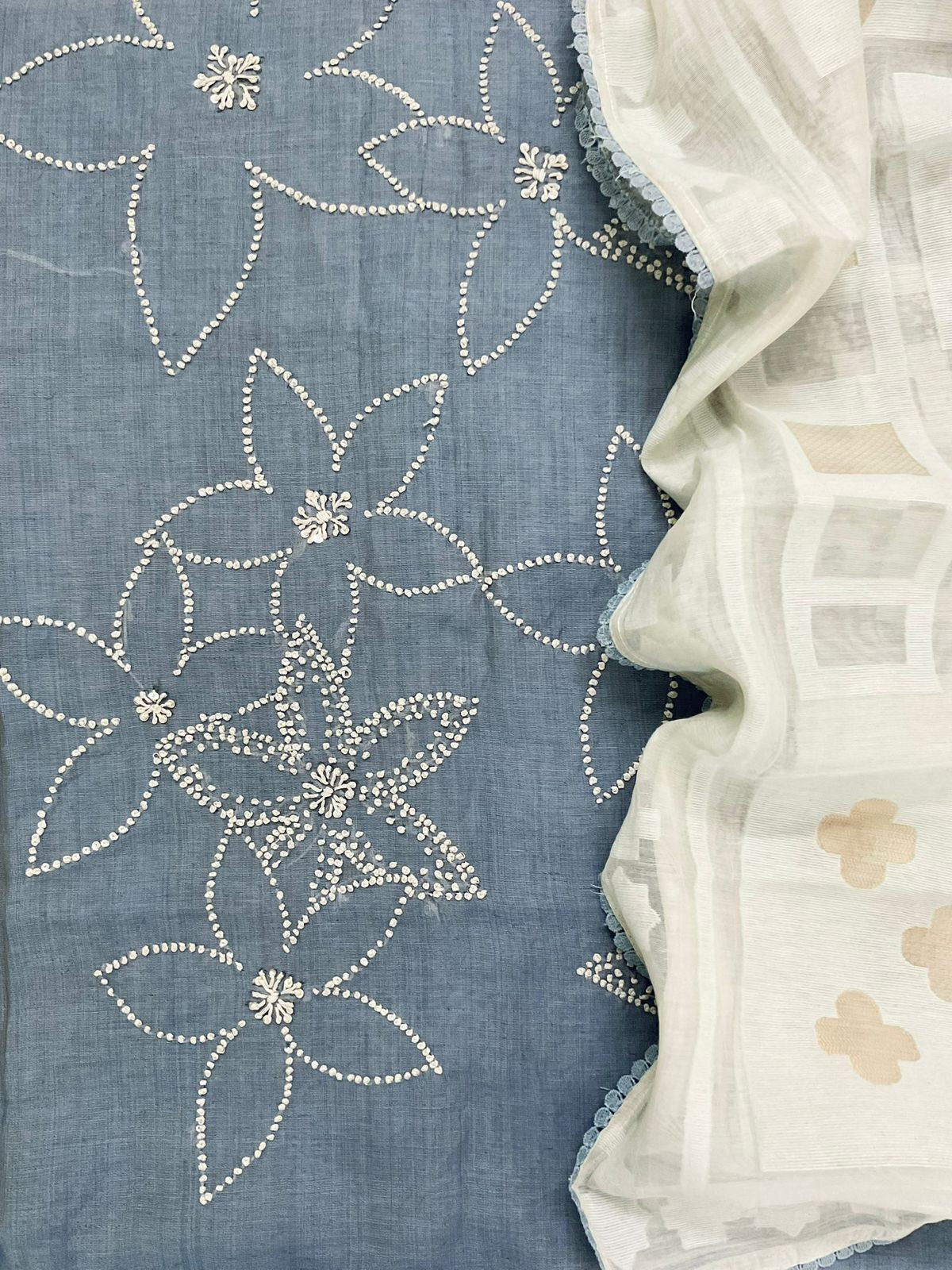 Soft Fine Slub Chanderi Jamdani Weaved Embroidered Suit - Greyish Blue