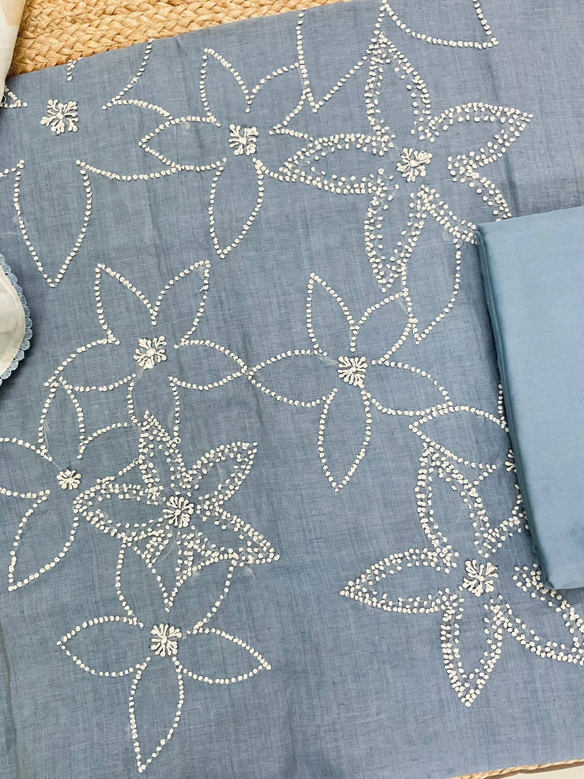 Soft Fine Slub Chanderi Jamdani Weaved Embroidered Suit - Greyish Blue