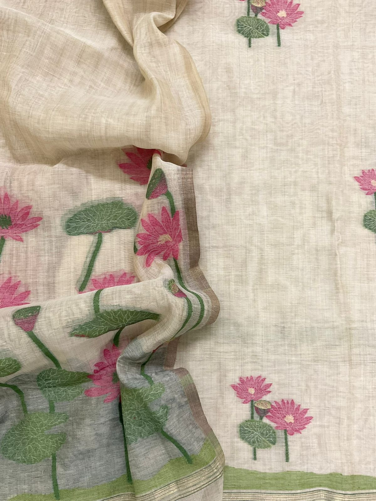 Soft Fine Slub Chanderi Jamdani Weaved Suit - Beige