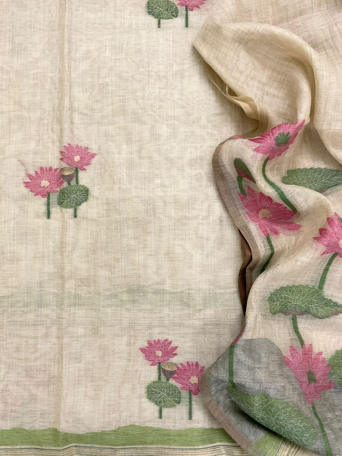 Soft Fine Slub Chanderi Jamdani Weaved Suit - Beige