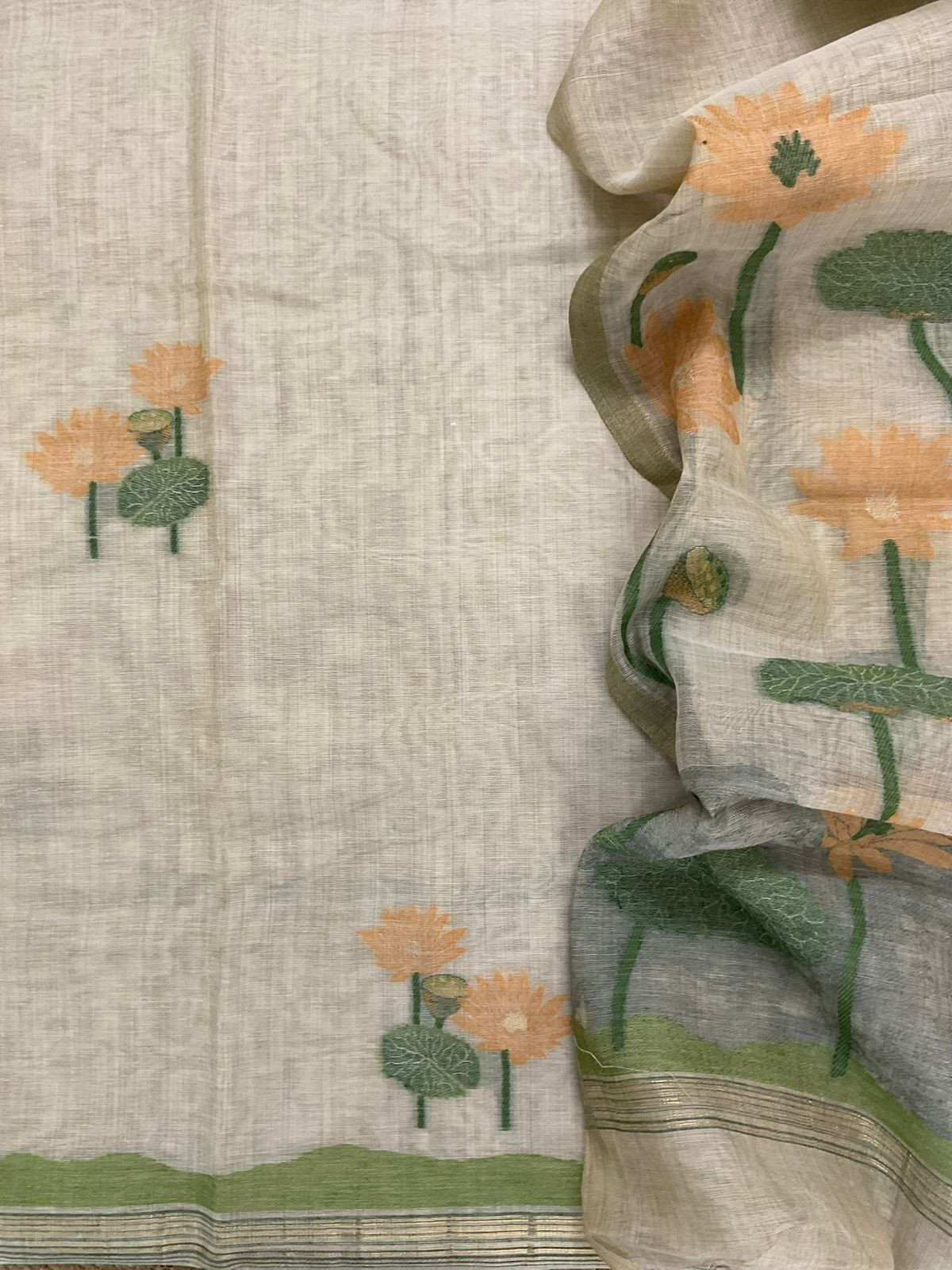 Soft Fine Slub Chanderi Jamdani Weaved Suit - Beige