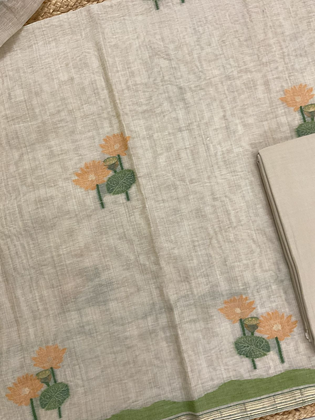 Soft Fine Slub Chanderi Jamdani Weaved Suit - Beige