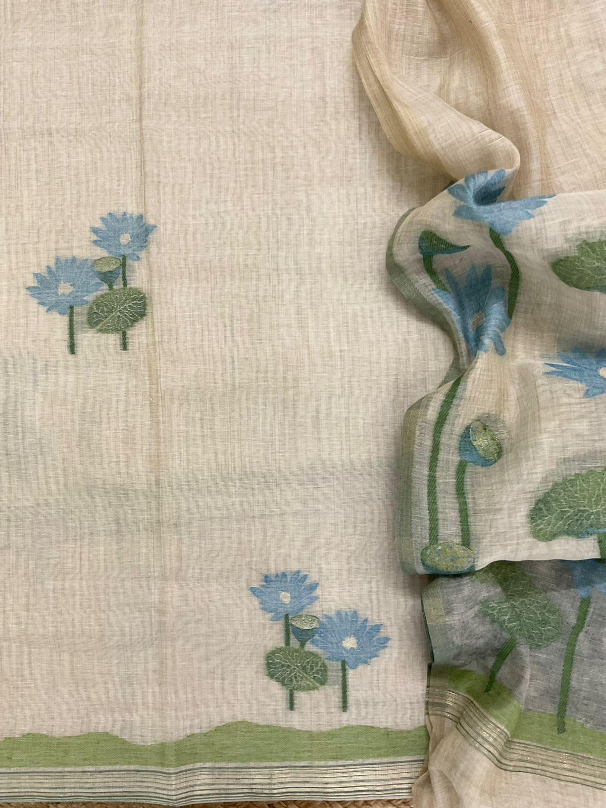 Soft Fine Slub Chanderi Jamdani Weaved Suit - Beige