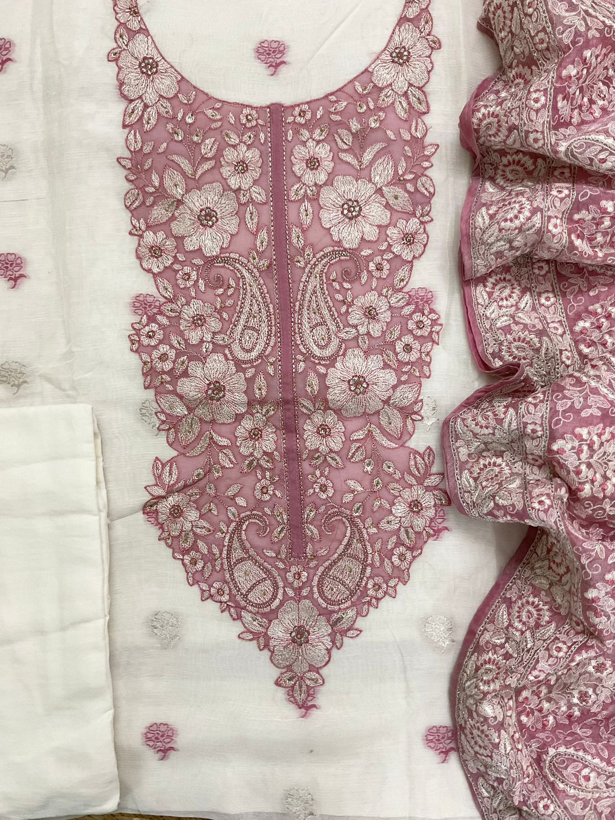 Pure Linen Chanderi Jamdani Weaved Embroidered Suit - Off White