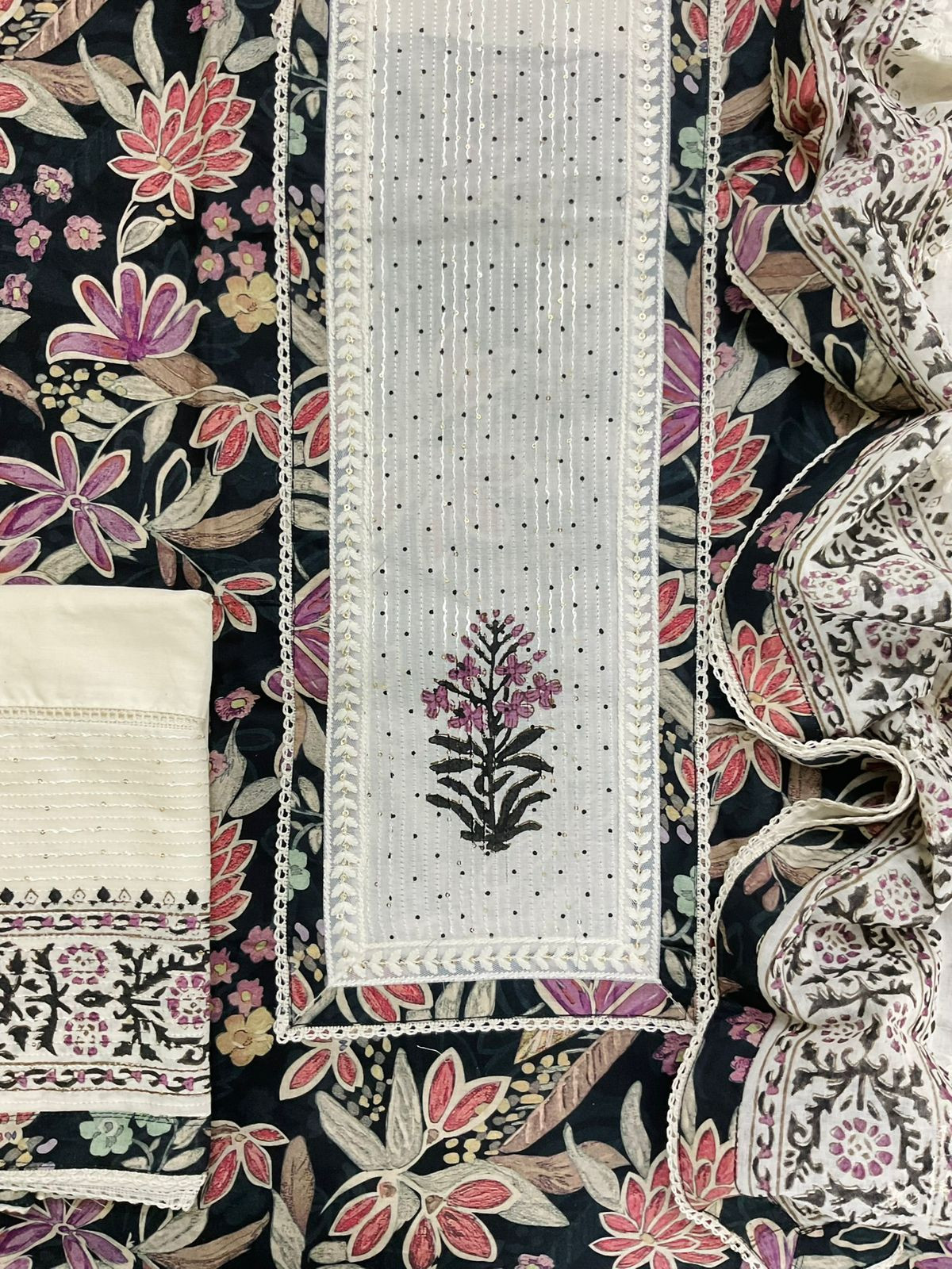 Pure Cotton Printed Embroidered Suit - Black