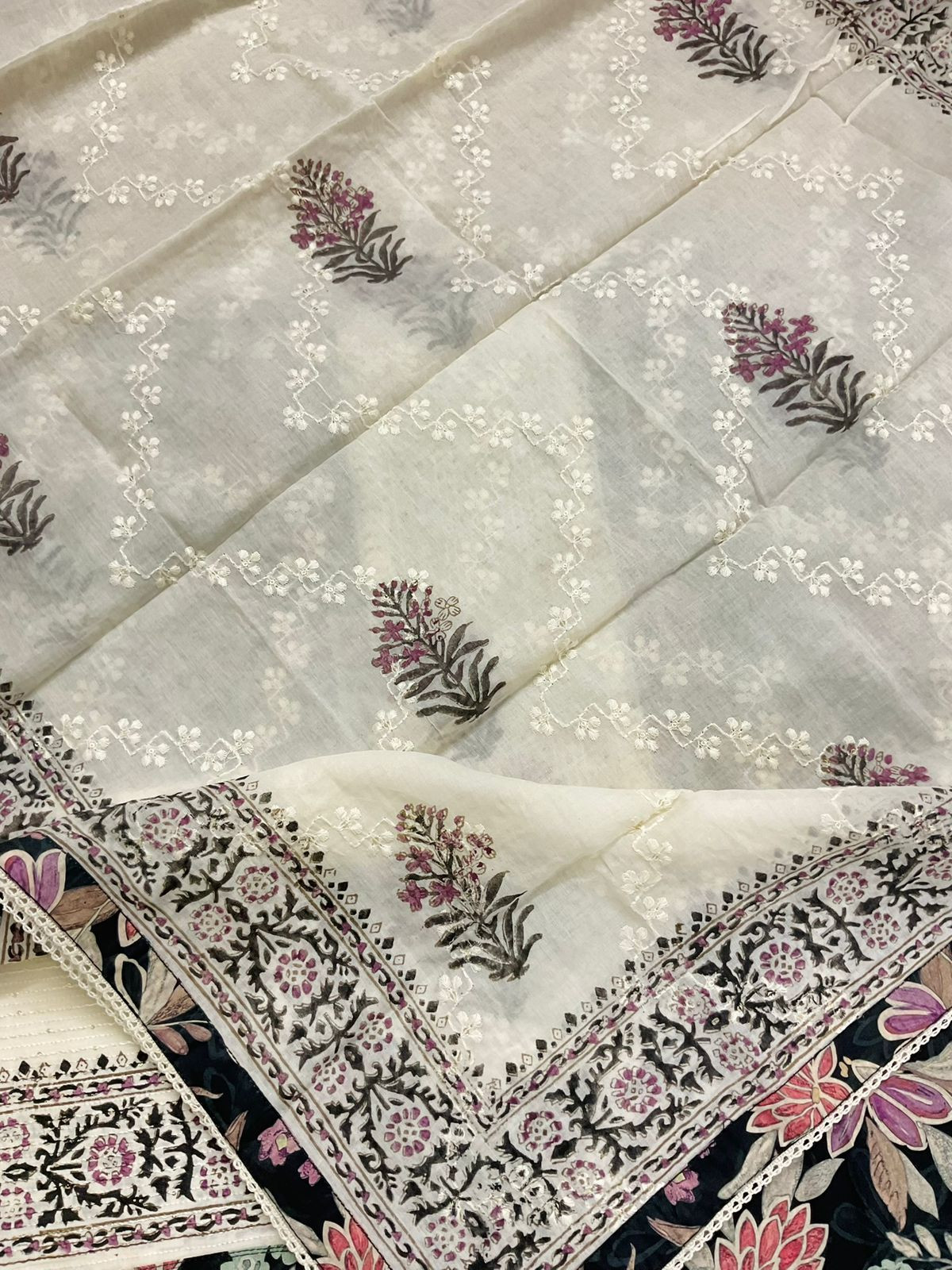 Pure Cotton Printed Embroidered Suit - Black