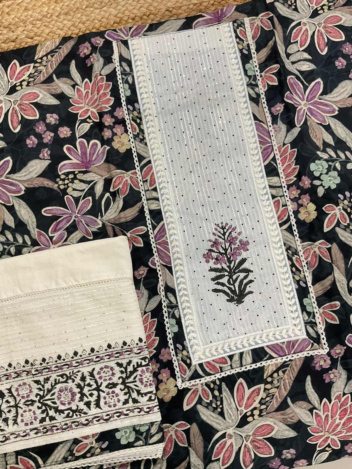 Pure Cotton Printed Embroidered Suit - Black