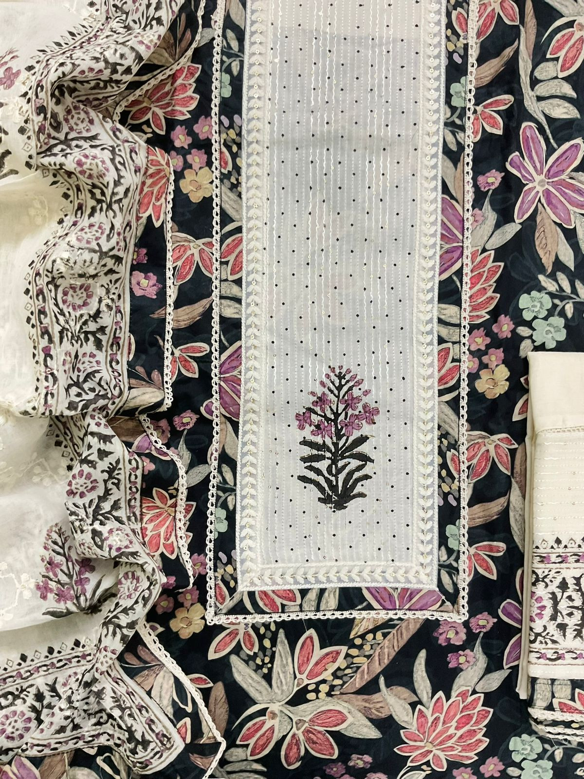 Pure Cotton Printed Embroidered Suit - Black