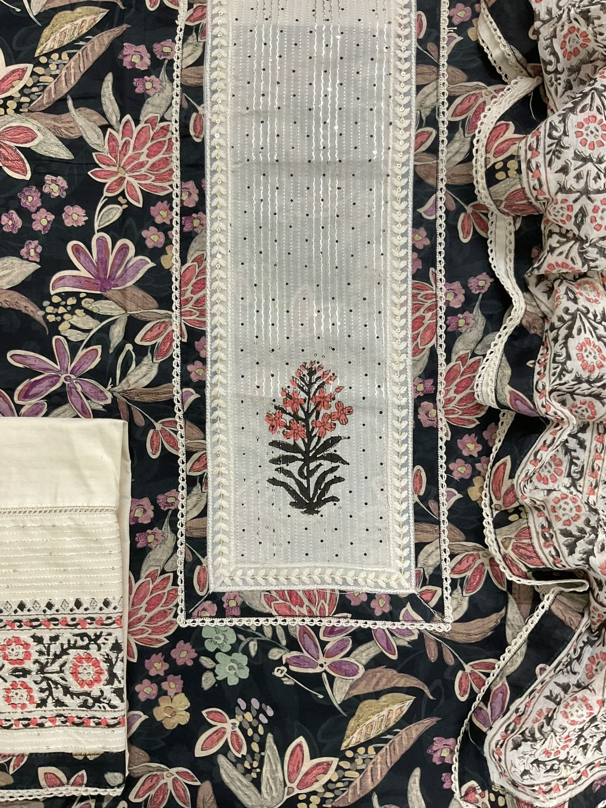 Pure Cotton Printed Embroidered Suit - Black