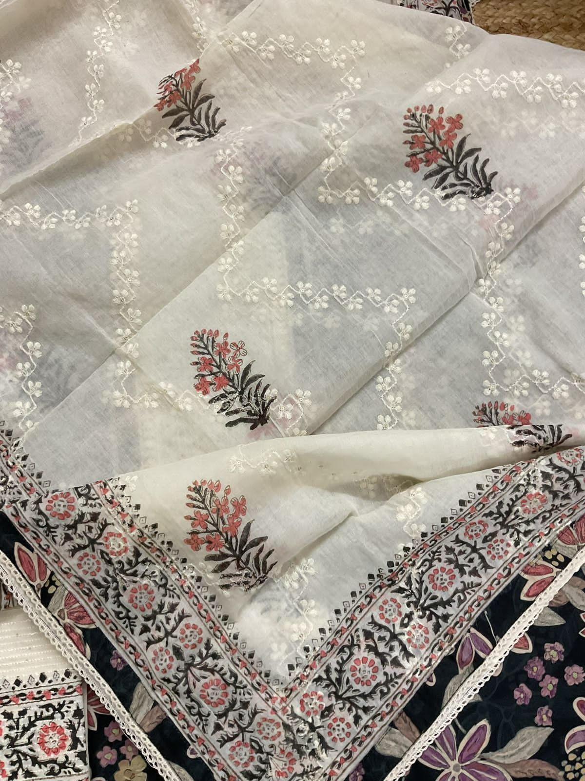 Pure Cotton Printed Embroidered Suit - Black