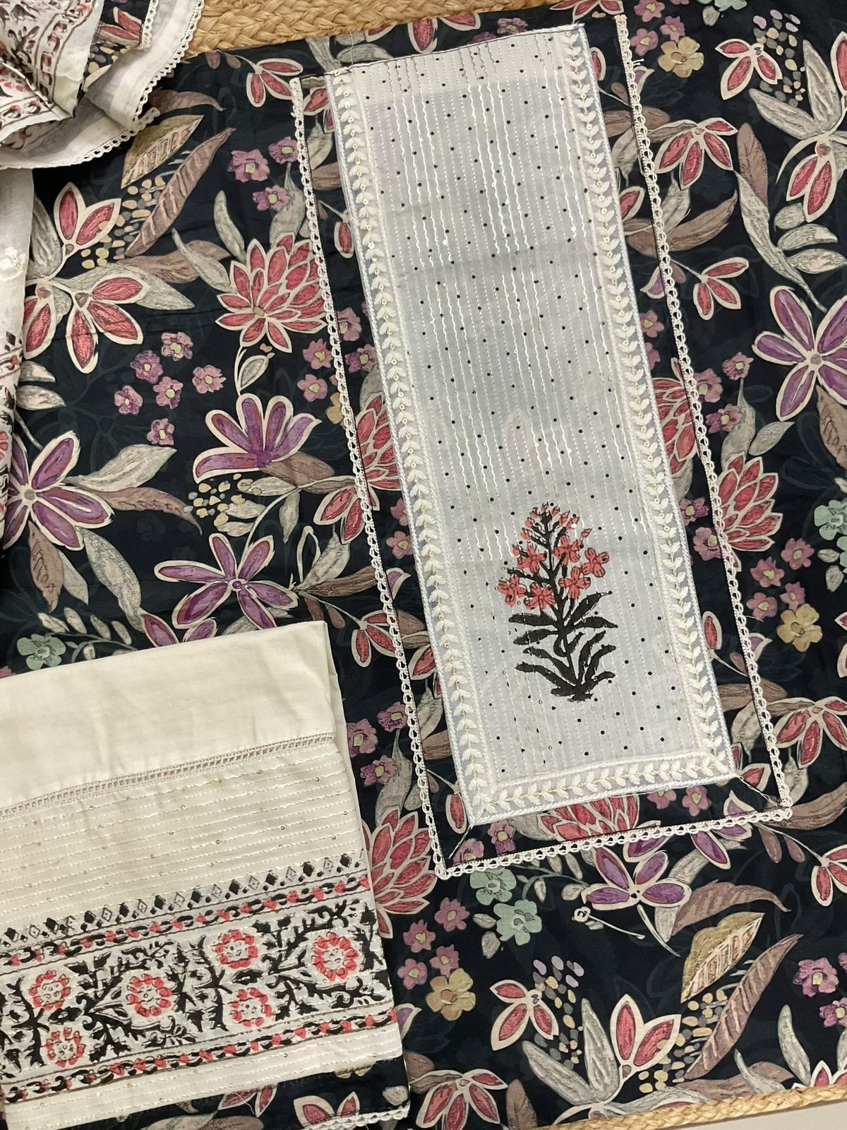 Pure Cotton Printed Embroidered Suit - Black