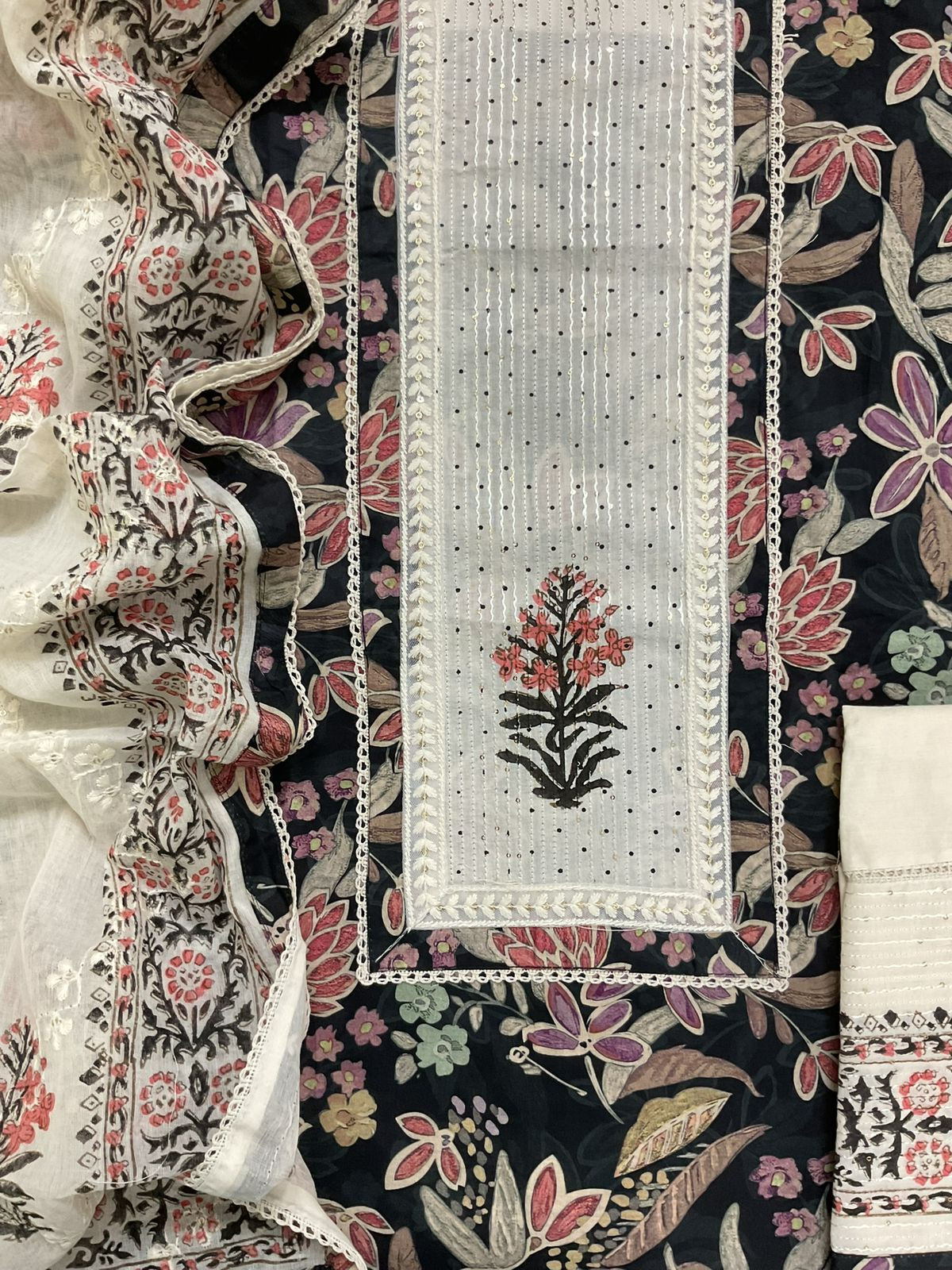 Pure Cotton Printed Embroidered Suit - Black